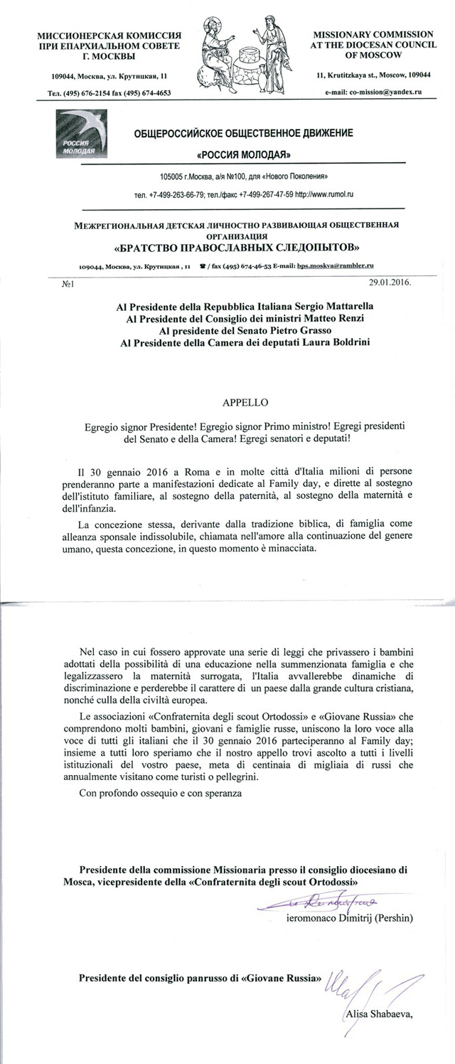 New Day: Attivisiti ortodossi russi sostengono il Family Day in Italia (FOTO)